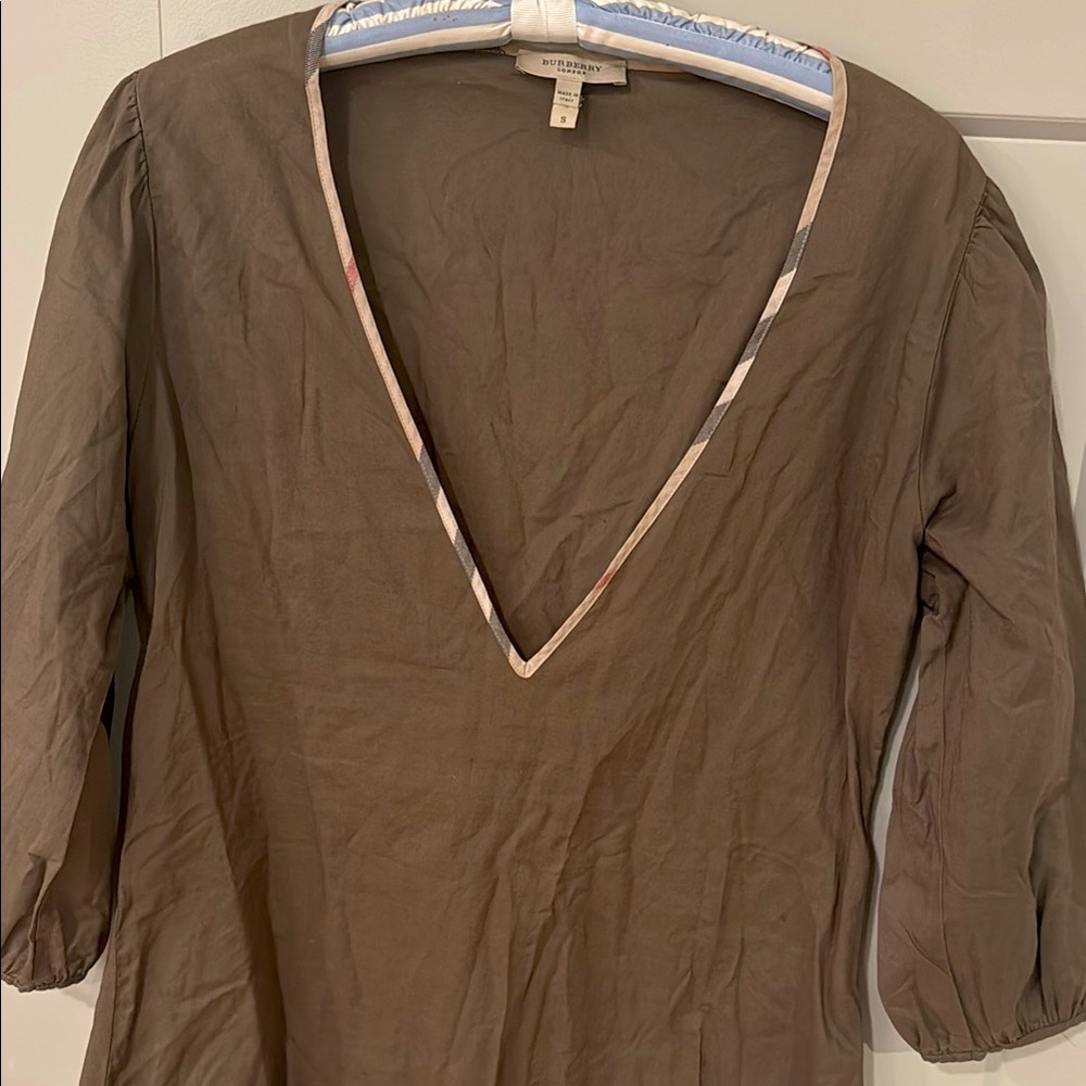 Burberry London Green- Cotton V-Neck Blouse with Patterned Trim